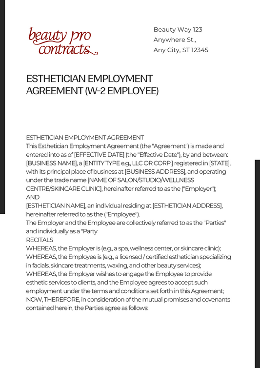 Esthetician Employment Agreement