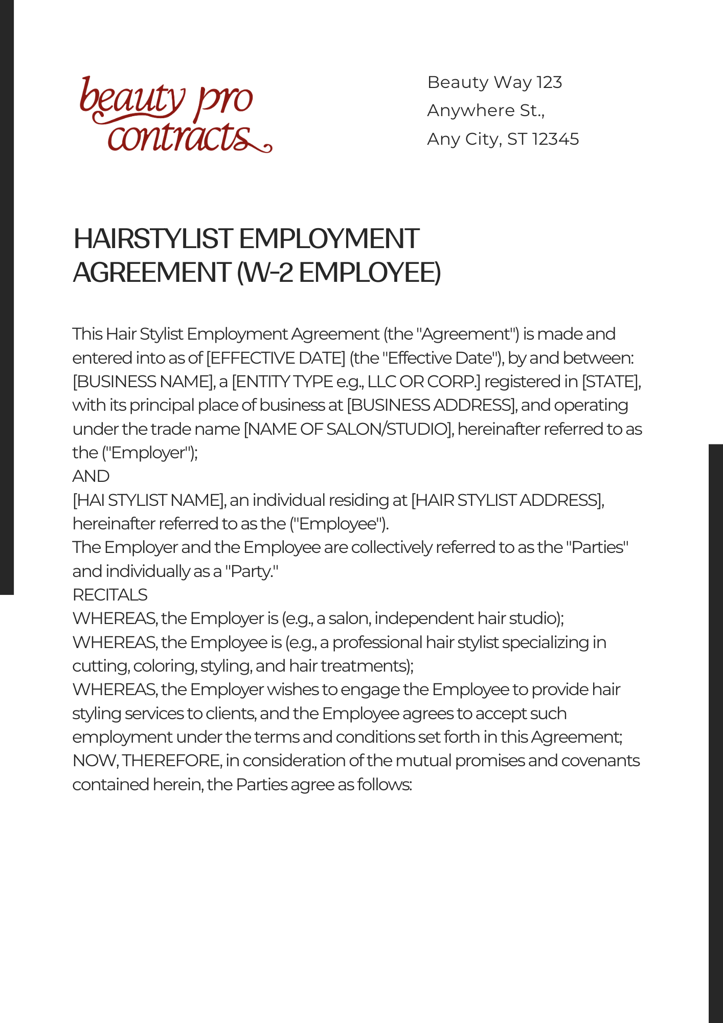 Employment Agreement - Hair Stylist (W2)
