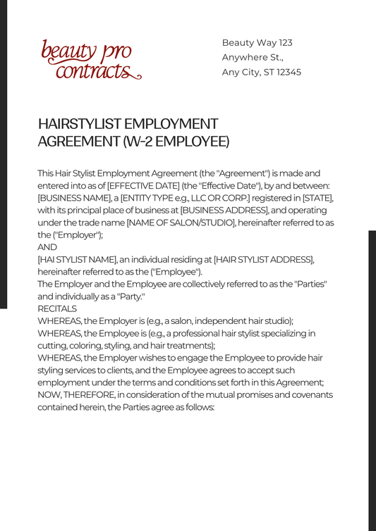 Employment Agreement - Hair Stylist (W2)